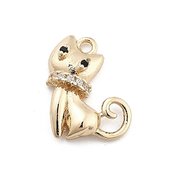 Cat Shape Латунные микро проложить кубического циркония подвески, животные прелести, реальный 14 k позолоченный, форма кошки, 14.5x10.5x3.5 мм, отверстие : 1.4 мм