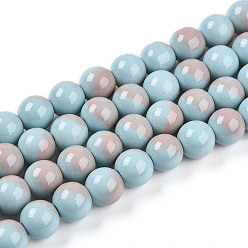 Светло-Синий Выпечки нарисованных стеклянных бусин прядей, имитировать фарфоровые бусины, круглые, два тона, голубой, 8~8.5 мм, отверстие : 1 мм, около 99~106 шт / нитка, 30.31~32.28 дюйм (77~82 см)