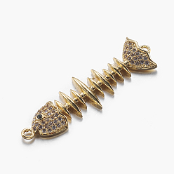 Real 18K Gold Plated Long-Lasting Plated Brass Micro Pave Cubic Zirconia Links, Cadmium Free & Lead Free, Real 18K Gold Plated, Fish Bone, Colorful, 37x11x3mm, Hole: 1.5mm