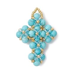 Бирюза Подвески-крестики из синтетических зелёных бирюзовых бусин и стеклянных бусин, с латунью и стеклом, бирюзовые, 49.5x34.5x11.5 мм, отверстие : 5 мм