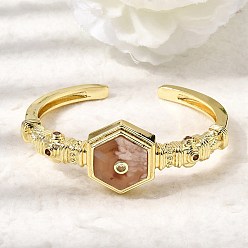 Вишневый агат Женские шестиугольные латунные браслеты-манжеты с натуральным агатом в виде цветущей сакуры и кубическим цирконием., золотые, внутренний диаметр: 1.89x2.34 дюйм (4.8x5.95 см), широкий: 25 мм.