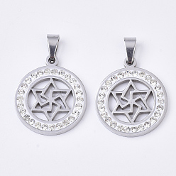 Нержавеющая Сталь Цвет 201 подвески из нержавеющей стали, со случайным размером оснастки на поручителях и стразами из полимерной глины и хрусталя, для евреев, плоские круглые со звездой Давида, цвет нержавеющей стали, 23x20x2.5 мм, отверстие : 8~10x3~5 мм