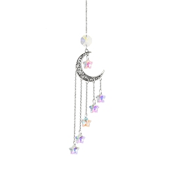 Antique Silver Glass Star Pendant Decoration, with Alloy Moon Link, for Home Decoration , Antique Silver, 267x29.8x1.7mm