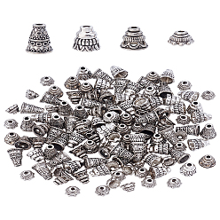 Antique Silver 120Pcs 4 Style Tibetan Style Alloy Bead Cone, Pagoda, Antique Silver, 7~10x4.5~7.5mm, Hole: 1.4mm