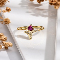 Настоящее золото 18K Кольца-манжеты для пальцев из латуни с микропаве из кубического циркония для женщин, долговечный, двойное сердце, реальный 18 k позолоченный, 10.5 мм, размер США 6 (16.5 мм)