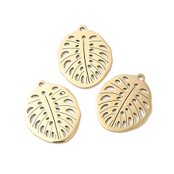  Ion Plating(IP) 316L Surgical Stainless Steel Pendants, Nickel Free, Leaf Charm, Hollow, Real 18K Gold Plated, 21.5x17.5x1mm, Hole: 1.4mm