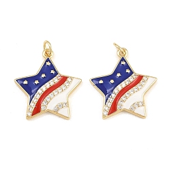 Chapado en Oro Real 18K Colgantes de latón con microengaste de circonitas cúbicas transparentes y esmalte, ideales para el Día de la Independencia., encantos estrella, chapado en rack, larga duración plateado, sin plomo y el cadmio, real 18 k chapado en oro, 22x20x4 mm, agujero: 3.5 mm