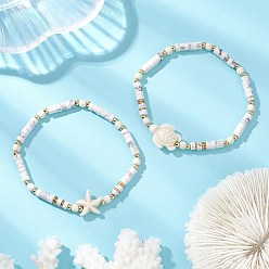 Mixed Shapes 2шт. эластичные браслеты из бусин натурального говлита и окрашенной синтетической бирюзы для женщин, морская звезда и черепаха, с латунной бисера, реальный 18 k позолоченный, разнообразные, бусины : 4~14x2.5~17x4~6.5 мм, внутренний диаметр: 2.19~2.24 дюйм (5.55~5.7 см)