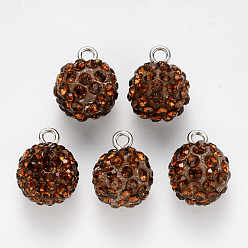 Светло-Персиковый Подвески со стразами из полимерной глины, с железной петлей с платиновым покрытием, круглые, проложить диско-шар, светлый персик, С. 16 (2.2~2.3 мм), 15x12 мм, отверстие : 2 мм