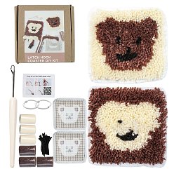 Медведь Комплект коврика для чашки с крючком-защелкой из полихлопка, наборы пряжи для вязания крючком своими руками, включая инструкции, ткань, пряжа, деревянная палка, медведь, 160x160 мм, пряжа: 7 мотки