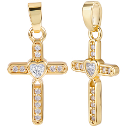 Настоящее золото 18K 10 кулоны из латуни с микрочастицами и кубическим цирконием., крест прелести, реальный 18 k позолоченный, 19.5x11.5~12x2.1 мм, отверстие : 2~2.5x5 мм
