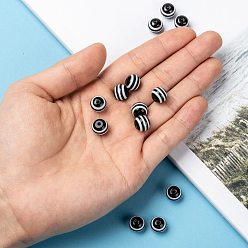 Black Round Striped Resin Beads, Black, 10x9mm, Hole: 1.8~2mm