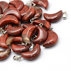 Red Rainbow Jasper Moon Natural Red Rainbow Jasper Pendants, with Platinum Tone Brass Findings, 21~24x12~14x5~6mm, Hole: 2x7mm