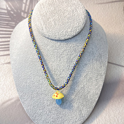 Amarillo Collares de otoño hechos a mano con colgante de hongo de vidrio soplado y cordón de algodón trenzado para mujer, amarillo, 17.72 pulgada (45 cm)