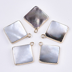 Colorful Natural Black Lip Shell Pendants, with Edge Brass Golden Plated and Iron Loops, Half Drilled, Rhombus, 23x21x3.5mm, Hole: 1~1.8mm, Diagonal Length: 23mm, Side Length: 15mm