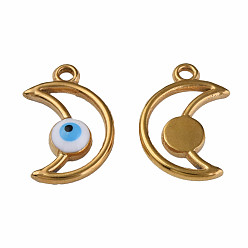 Белый 304 нержавеющей стальной эмали подвески, луна со сглазом, золотые, белые, 18x12x3 мм, отверстие : 1.6 мм