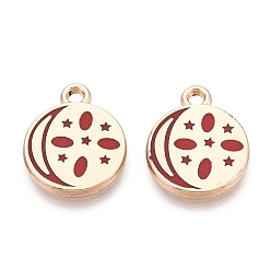 Fuego Ladrillo Colgantes de la aleación del esmalte, chapado en rack, dijes planos redondos, de estrella y de luna, dorado, ladrillo refractario, 14.5x12x1.5 mm, agujero: 1.6 mm
