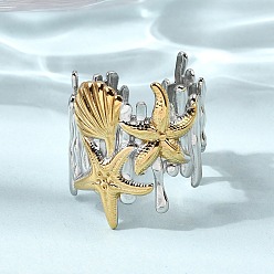 Золотой & Серебряный 304 открытые манжеты из нержавеющей стали для женщин, морская звезда в форме ракушки, ионное покрытие (ip), золотой и серебряный, 23.5 мм, размер США 9 1/2 (19.3 мм)