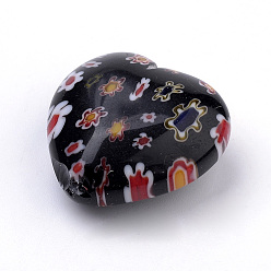 Black Handmade Millefiori Lampwork Beads, Heart, Black, 21~22x21~22x10.5~11mm, Hole: 1mm