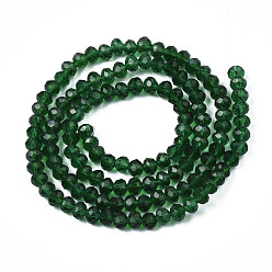 Dark Green Glass Beads Strands, Faceted, Rondelle, Dark Green, 4x3mm, Hole: 0.4mm, about 123~127pcs/strand, 16.5~16.9 inch(42~43cm)