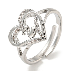 Letter Z Регулируемые кольца из латуни с микро-паве в форме сердца и стойки для писем для женщин с прозрачным фианитом, без свинца и без кадмия, платина, Письмо Z, внутренний диаметр: 16 мм