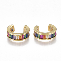 Golden Brass Micro Pave Cubic Zirconia(Random Mixed Color) Cuff Earrings, Golden, 13.5x4mm