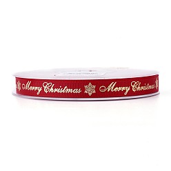 Red Polyester Grosgrain Ribbon for Christmas, Snowflake & Word, Red, 9mm, about 100yards/roll