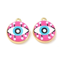 Deep Pink Printed Brass Pendants, Flat Round with Evil Eye Charms, Rack Plating, Long-Lasting Plated, Lead Free & Cadmium Free, Real 18K Gold Plated, Deep Pink, 20x17.5x5mm, Hole: 1.6mm
