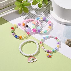 Mixed Color 5Pcs 5 Style Round & Heart & Clover Beaded Bracelets Set, Alloy Enamel Flower & Rainbow Charms Stackable Bracelets for Girls, Mixed Color, Inner Diameter: 1-3/4 inch(4.3~4.6cm), 1Pc/style