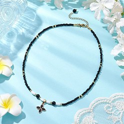 Черный Ожерелья из бисера и стеклянных бусин, сплав эмаль 4-лепестковый цветок подвеска ожерелье для женщин, золотые, чёрные, 17.32 дюйм (44 см)