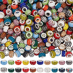 Color mezclado 400piezas 20colores hechos a mano arcilla polimérica diamantes de imitación cuentas europeas, abalorios de grande agujero, Rondana plana, con núcleos de latón plateado color plata, color mezclado, 10~12x7~8 mm, agujero: 5 mm, 20 piezas / color
