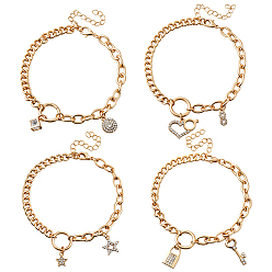 Doré  4 pièces 4 styles bracelets à breloques en alliage et strass, bracelets à maillons gourmette et à maillons pour femmes, or, 7-3/4~8-1/4 pouce (19.8~20.8 cm), 1 pc / style