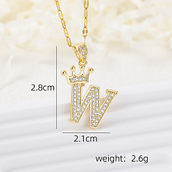 Letter W Латунные микропаве прозрачные кубические цирконии корона инициал кулон ожерелья, реальный 18 k позолоченный, Буква W, 15.75 дюйм (40 см)