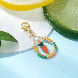 Оранжевый Пасхальная капля стеклянный бисер и эмалированный сплав морковка подвеска украшения, с 304 из нержавеющей стали Lobster Claw застежками, оранжевые, 48 мм