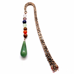 Green Aventurine Natural Green Aventurine Teardrop Pendant Bookmark, with 7 Natural Gemstone Round Beads, Feather Shape Antique Bronze Plated Alloy Bookmark, 200x123mm