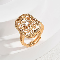 Прозрачный Латунные микропаве кубические цирконии геометрические полые регулируемые кольца для женщин, восьмиугольник с цветочным узором, золотые, прозрачные, 20x14 мм, внутренний диаметр: регулируемый