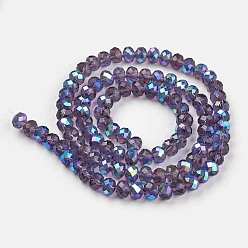 Indigo Electroplate Glass Beads Strands, Half Rainbow Plated, Faceted, Rondelle, Indigo, 4x3mm, Hole: 0.4mm, about 123~127pcs/strand, 16.5~16.9 inch(42~43cm)
