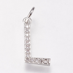Letter L Brass Micro Pave Cubic Zirconia Letter Pendants, Letter.L, 7x14x2mm, Hole: 3mm