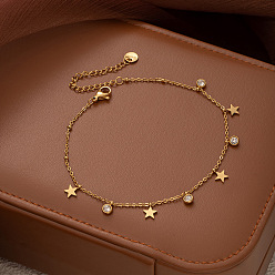 Звезда 304 Браслеты на лодыжку из нержавеющей стали с подвесками из прозрачных кубических цирконий для женщин, золотые, звезда, 8-1/4 дюйм (210 мм)