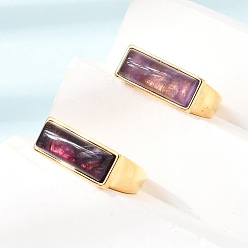 Amethyst Brass with Natural Amethyst Cuff Open Rings for Women, Lead Free & Cadmium Free, Rectangle, Ion Plating(IP), 17mm
