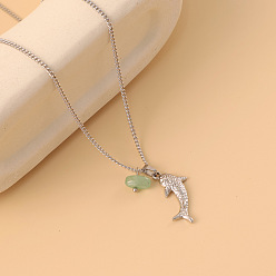 Зеленый Морской стиль 304 Подвеска в виде акулы из нержавеющей стали с натуральным драгоценным камнем для женщин, цвет нержавеющей стали, зелёные, 17.32 дюйм (44 см)