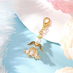 Золотистый Подвеска-ангел из стеклянного бисера ручной работы, с цинковым сплавом застежками омаров коготь, золотые, 49.5 мм