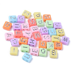 (52) Непрозрачная лаванда Акрил многожильных ссылки, для изготовления эластичных браслетов, прямоугольник со смешанными посеребренными буквами, разноцветные, 8.5x7.5x4 мм, отверстие : 1.5 мм, Около 1950 шт / 500 г