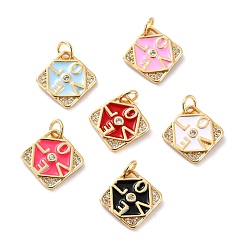 Mixed Color Brass Micro Pave Cubic Zirconia Pendants, with Enamel, Long-Lasting Plated, Cadmium Free & Lead Free, Golden, Rhombus with Word LOVE, Mixed Color, 11.5x11.5x2mm, Hole: 3.6mm