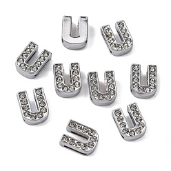 Letter U Alloy Initial Slide Charms with Grade A Rhinestones, Lead Free & Nickel Free, Platinum, Letter.U, 12~13x8~13x4~5mm, Hole: 8x2mm