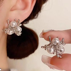 Platinum Alloy & Plastic Pearl Stud Earrings for Women, Flower, Platinum, 18x22mm