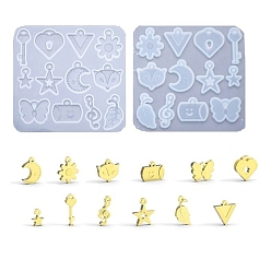 White DIY Pendant Silicone Molds, Resin Casting Molds, Heart Key, Heart Lock, Triangle, Flower, Star, Moon, Fox's Head, Butterfly, Musical Note, Leaf, Cup, White, 77x79x4mm, Hole: 1.5~2.5mm, Inner Diameter: 11.5~25x9~20mm