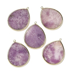 Lepidolite Natural Lepidolite Pendants, with Brass Findings, Teardrop, Golden, 42~44x33~35x2.5mm, Hole: 2mm