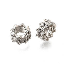 Платина Волна плоские круглые латунные микро-паве кубические циркониевые европейские бусины, стойки покрытие, долговечный, без свинца и без кадмия, платина, 8x4.5 мм, отверстие : 4.5 мм