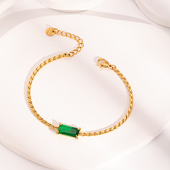 Зеленый Элегантные 304 браслеты из нержавеющей стали с цепочками Boston Link, прямоугольные кубические циркониевые украшения для женщин, реальный 18 k позолоченный, зелёные, 1/2x2-7/8 дюйм (1.34x7.2 см)